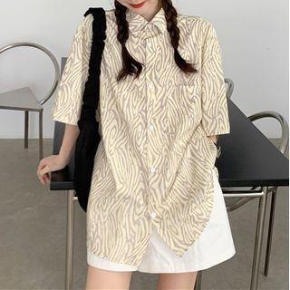 Zebra Print Elbow-sleeve Shirt Yellow - One Size
