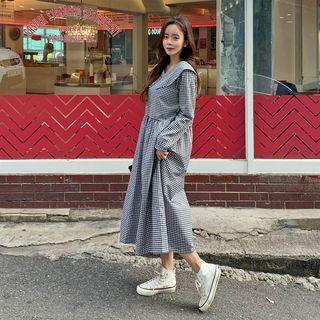 Wide-collar Gingham Long Dress