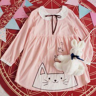 Cat Applique Collared Long Sleeve Dress