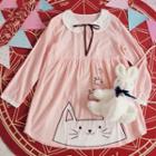 Cat Applique Collared Long Sleeve Dress