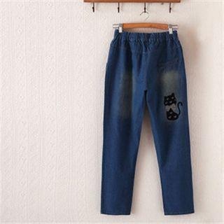 Cat Embroidered Straight-cut Jeans