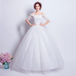 Off-shoulder Lace Panel Applique Wedding Dress