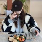Stand Collar Checkerboard Fleece Jacket Black - One Size