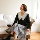 Band-waist Pleated Patterned Knit Skirt
