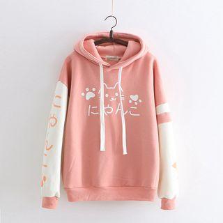 Cat Print Color-block Fleece-lined Hoodie