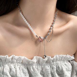 Heart Pendant Faux Pearl Alloy Necklace Love Heart - Necklace - Pink - One Size
