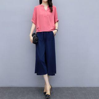 Set: Elbow-sleeve Notched Top + Cropped Pants