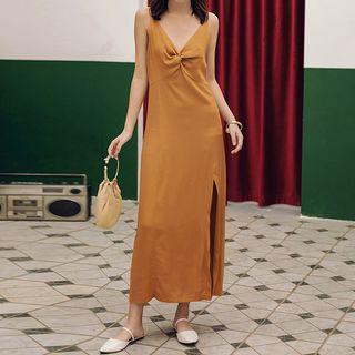 Spaghetti-strap Twisted Slit Midi Dress