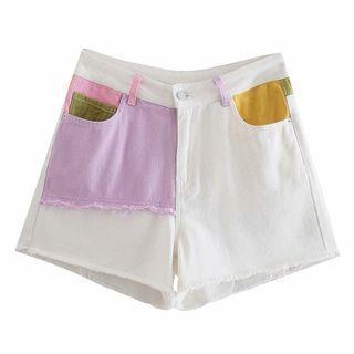Color Block Panel Denim Straight Leg Shorts