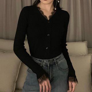 Long-sleeve V-neck Lace Knit Top