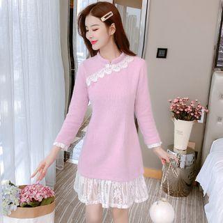 Long-sleeve Lace-panel Qipao Dress