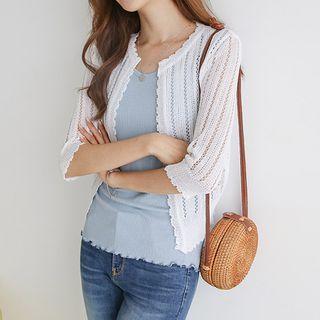 Scallop-edge Perforated Rib-knit Cardigan