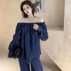 Off-shoulder Denim Loose Top / Straight-cut Jeans