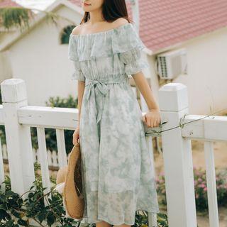Elbow-sleeve Ruffled Chiffon A-line Midi Dress
