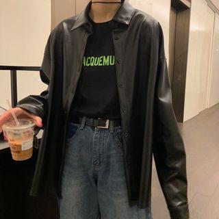 Faux Leather Button-up Jacket Black - One Size
