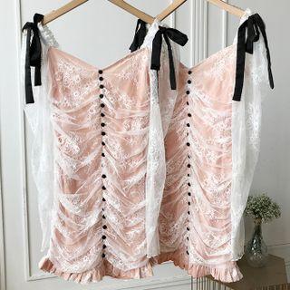 Long-sleeve Lace Panel Floral Shirred Top