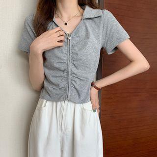 Short-sleeve Plain Collared Zip T-shirt