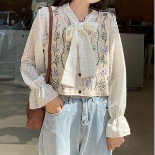 Flared-cuff Blouse / Floral Embroidered Sweater Vest