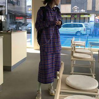 Long-sleeve Plaid Shirt / Midi A-line Plaid Skirt