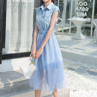Set: Cap-sleeve Shirt Dress + Sheer Midi Skirt