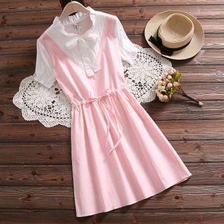 Bow-neck Short-sleeve Inset Pinstripe Dress