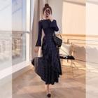 Set: Ruffle Plaid Midi A-line Skirt + Long-sleeve Knit Top