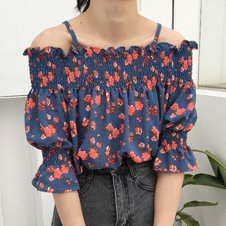 Floral Print Cold Shoulder 3/4-sleeve Blouse