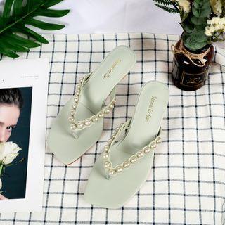 Kitten Heel Faux Pearl Strap Slide Sandals