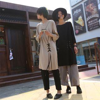 Lace Up Detail Elbow Sleeve T-shirt Dress
