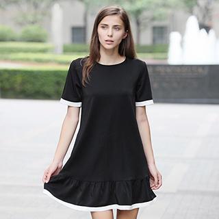 Contrast-trim Ruffle-hem Dress