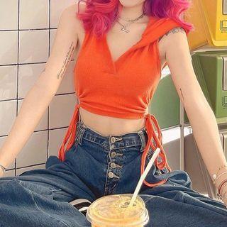 Drawstring Sleeveless Cropped Hoodie
