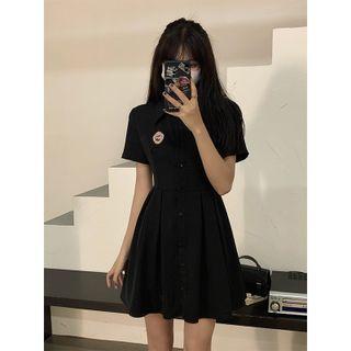 Short-sleeve Badge Embroidered A-line Shirtdress