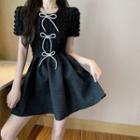 Embossed Ribbon-accent Mini Dress Black - One Size