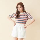 Short Sleeve Rainbow Stripe Top Tangerine Red - One Size