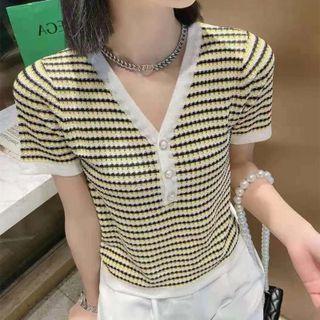 Short-sleeve V-neck Striped Pearl Button Knit Top