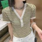 Short-sleeve V-neck Striped Pearl Button Knit Top