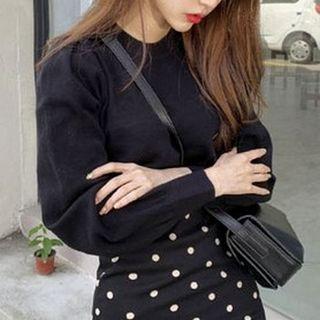 Puff-sleeve Knit Top / Dotted Midi Skirt