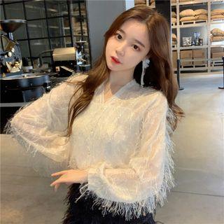 Long-sleeve Fringed Top As Shown In Figure - One Size