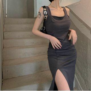 Wide Strap Shirred Slit Bodycon Dress