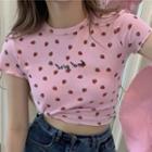 Short-sleeve Strawberry Print Cropped T-shirt Pink - One Size