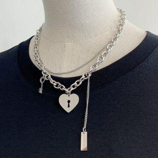 Heart Pendant Layered Alloy Choker Silver - One Size