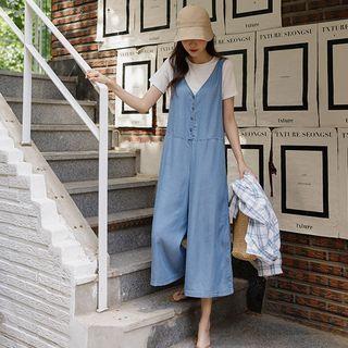 Sleeveless Silky Denim Jumpsuit Light Blue - One Size