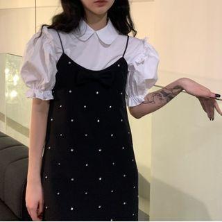 Spaghetti-strap Bow Accent Mini Sheath Dress / Puff-sleeve Blouse