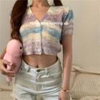 Tie-dye Print Short-sleeve Cropped Knit Cardigan Multicolor - One Size