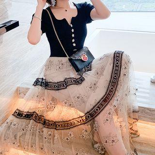 Set: Short-sleeve Knit Top + Midi A-line Lace Skirt