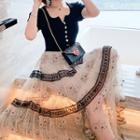 Set: Short-sleeve Knit Top + Midi A-line Lace Skirt