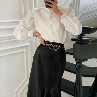 Ruffled Blouse / Ruffle Hem Midi Pencil Skirt