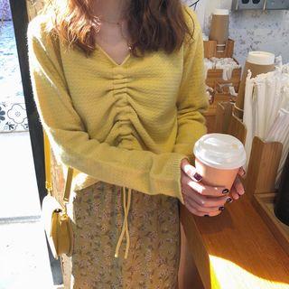 Long-sleeve Drawstring Top / High-waist Floral Printed Skirt