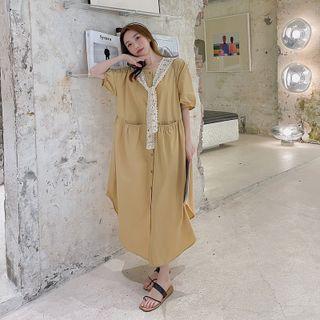 Puff-sleeve Lace Shawl Midi A-line Dress