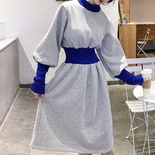 Puff-sleeve Two-tone Midi A-line Dress